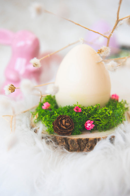 Aranjament de Paste cu licheni stabilizati si lumanare parfumata in forma de ou