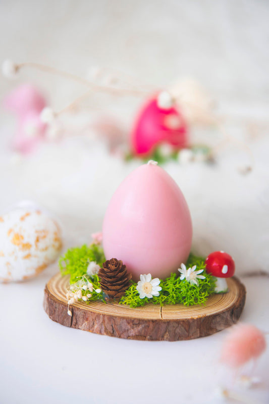 Aranjament mini pe lemn - cu lumanare parfumata ou roz